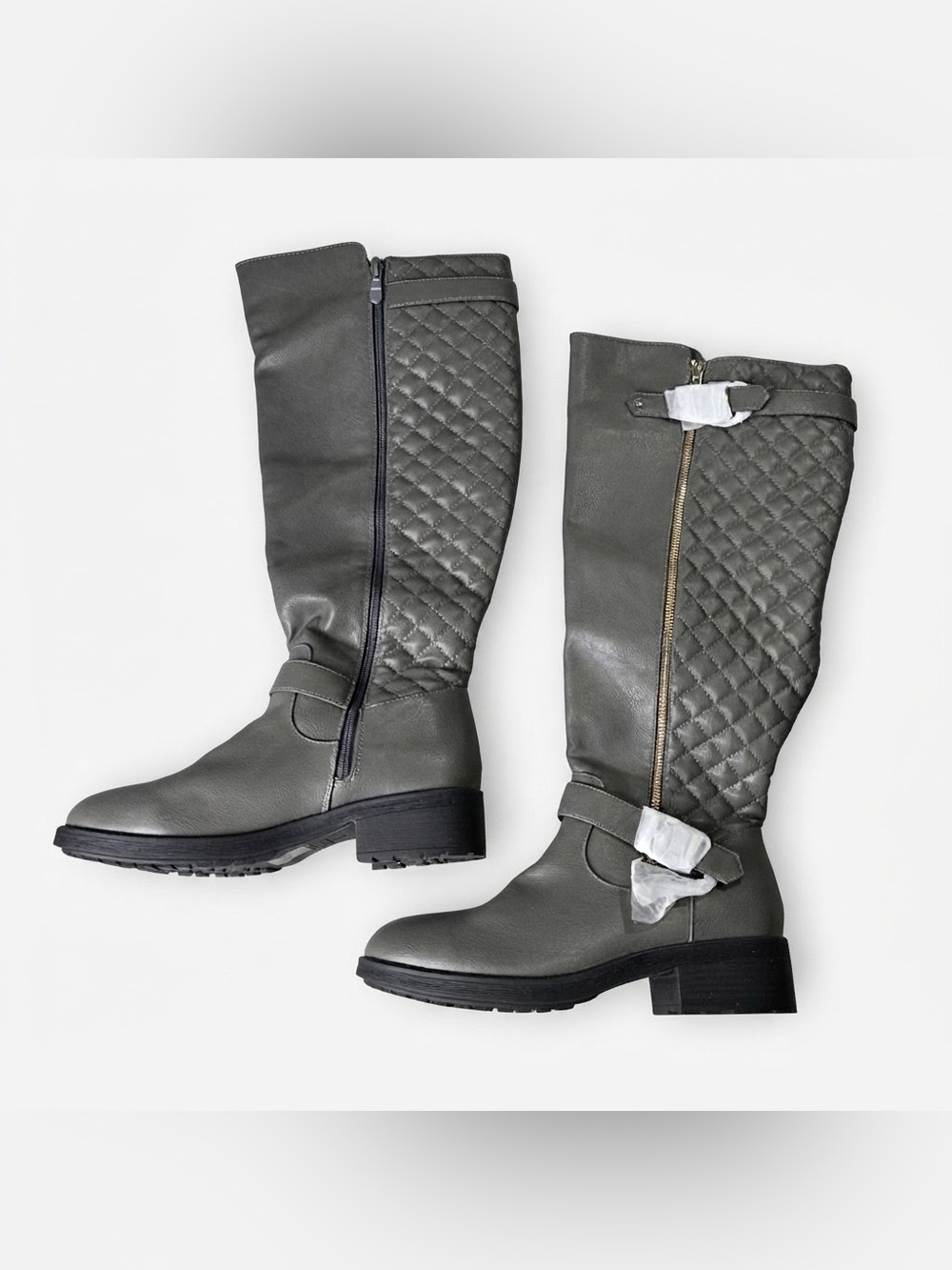 Dream Pairs Women's Gray Quilted Knee High Riding Boots Buckle Low Heel Size 9.5